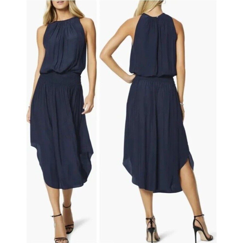 RAMY BROOK Sleeveless Halter Audrey Blouson Midi Dress Large Navy Blue $425
